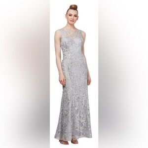 Ignite Evenings Embelished Mesh Asymetrical Cape gown silver/grey $180.00 12